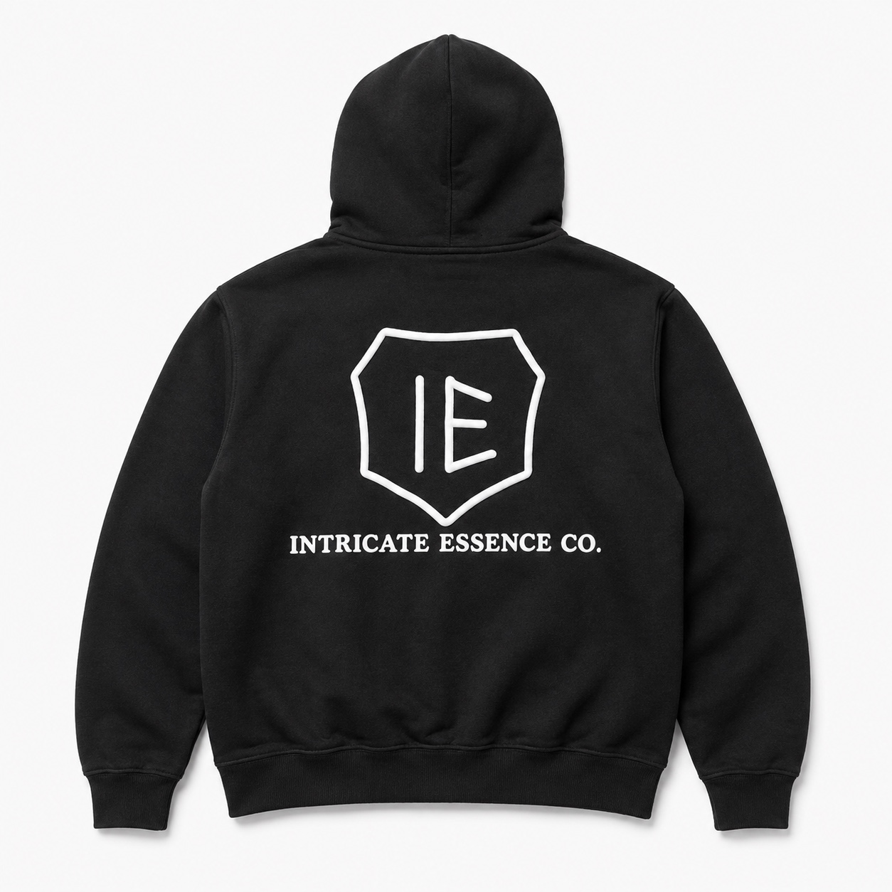 Back of the Black Statement Hoodie with large IE shield and Intricate Essence Co. lettering