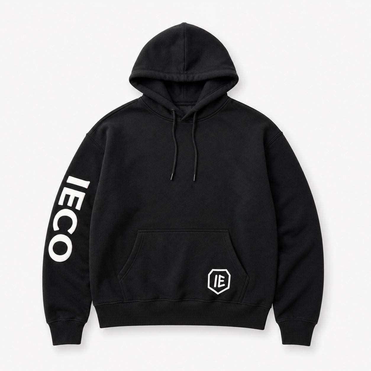 Black Statement Hoodie with clean front, right-sleeve IECO puff print, and lower hem badge