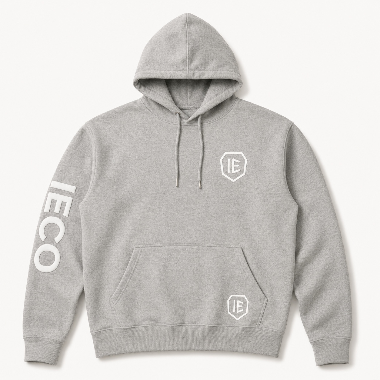 Gray Minimal Hoodie with left-chest shield, right-sleeve IECO puff print, and lower hem badge